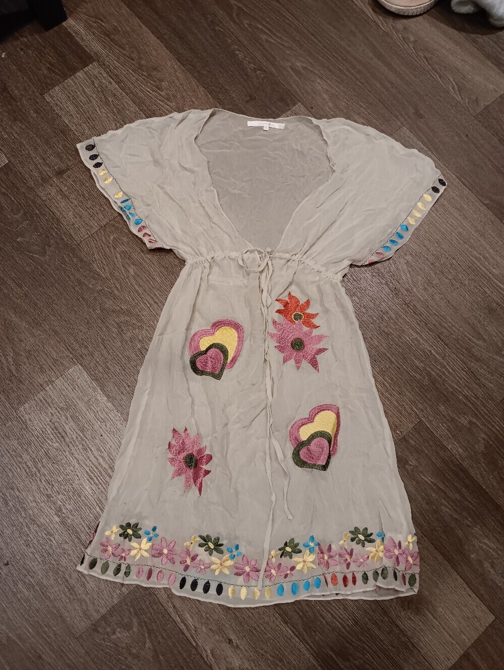 Jenny Han Embroidered Light Gray Mini Dress with Multicolor Hearts & Flowers